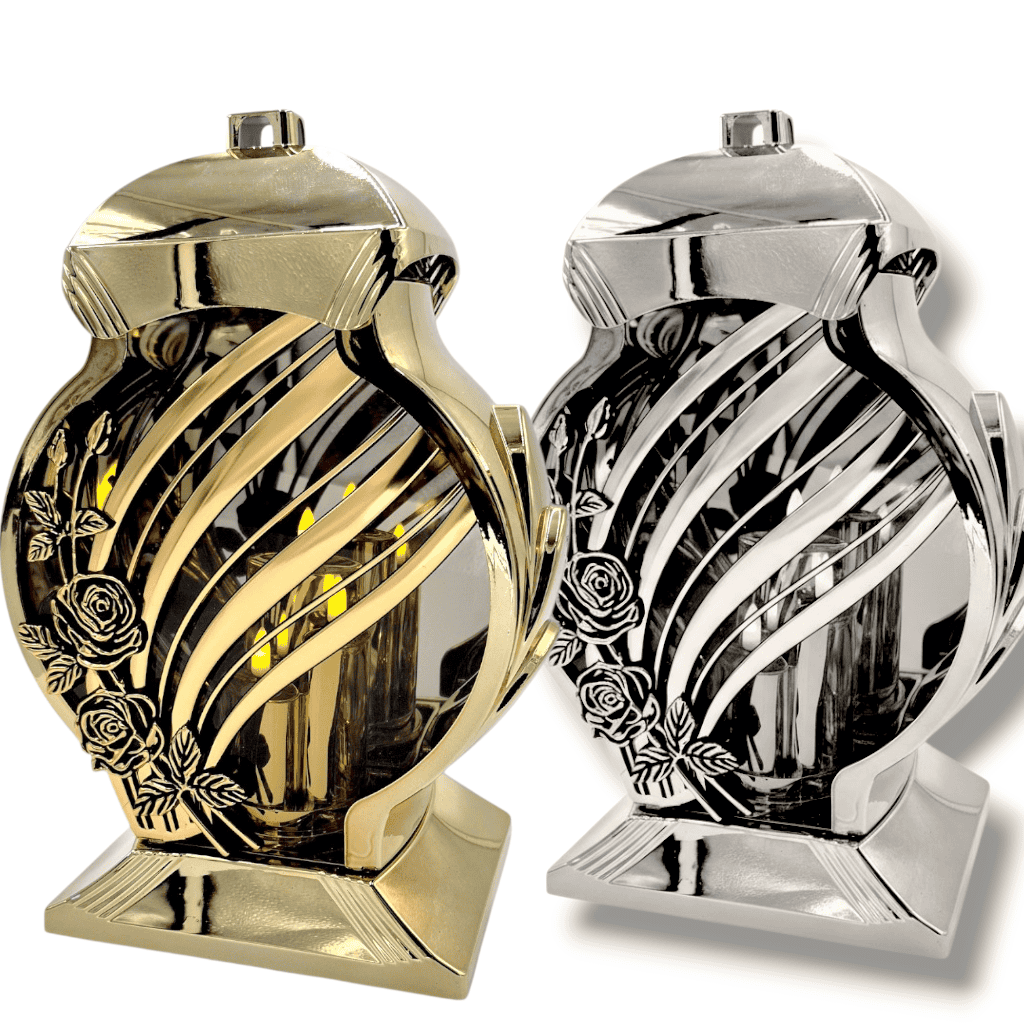 znicz-solaris-rosa-lux-zniczonline.pl Znicz LED Rosa Lux 33x21 cm premium metalizowany z różą