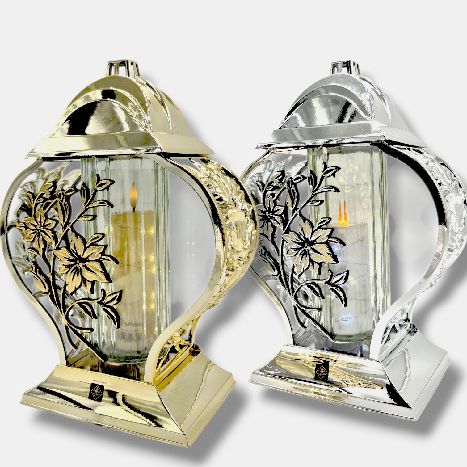 znicz-solaris-lampion-glamour -zniczonline Znicz Glamour Premium 32 cm złoty /srebrny lustrzany z szklaną tubą