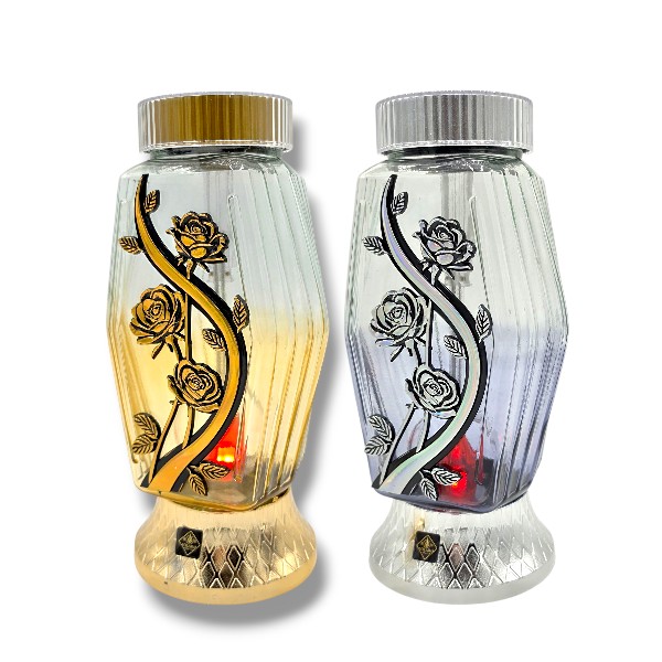 Znicz szklany solarny Romb Róża 28cm blask całą dobę Solaris złoty srebrny-zniczonline.pl Znicz szklany solarny Romb Róża 28cm blask całą dobę Solaris złoty srebrny