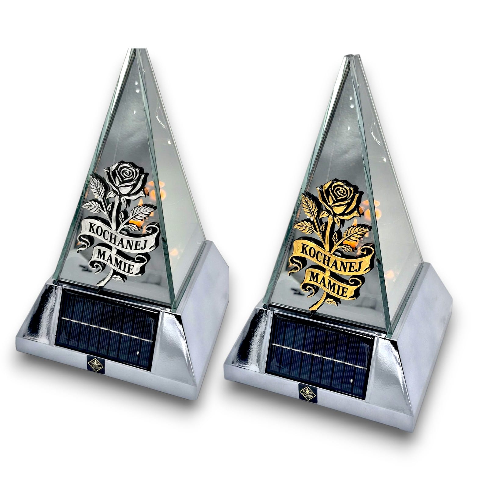 Lampion Solarny Lustrzany Piramida 3d dedykacja Solaris Szklany znicz solarny led 3d piramida z różą i dedykacją Kochanej Mamie Babci Dziadkowi.