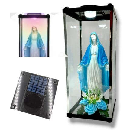 Duży znicz solarny kapliczka Maryja 58cm z niebieskimi różami Solaris.