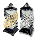Znicz szklany Wstęga Prestige 41 cm złoty i srebrny z wkładem LED