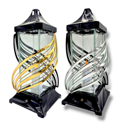 Znicz szklany Wstęga Prestige 41 cm złoty i srebrny z wkładem LED
